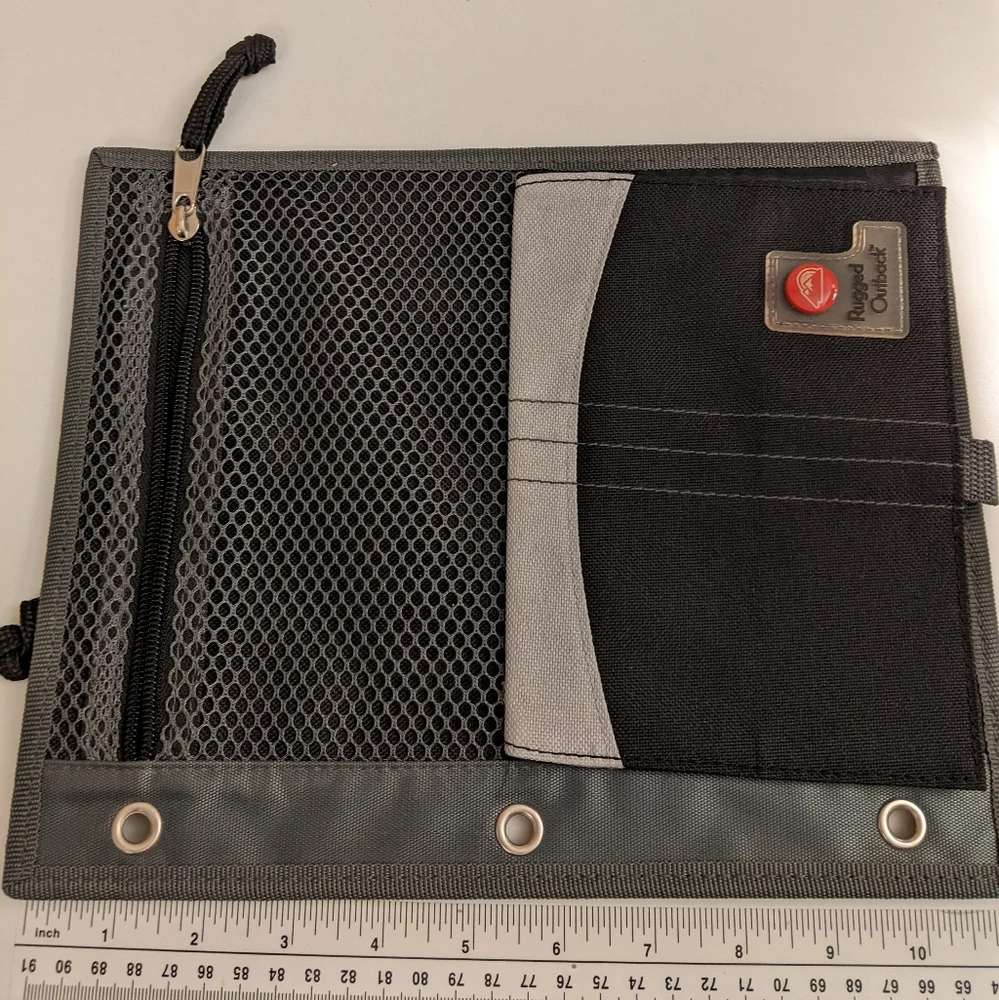 Vtg Rugged Outback 3 Ring Binder, zip pouches w covered id, Mead 5 Star Pockets